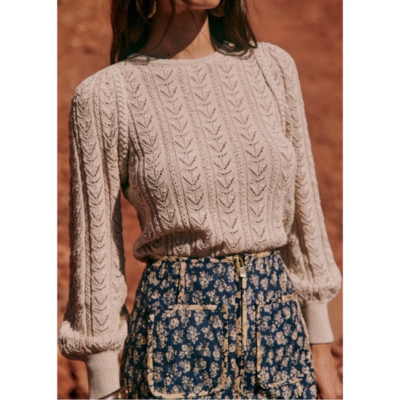 Sezane Sweaters - SEZANE Neutral Beige Crochet Cotton Knit Braided Balloon Sleeve Maxen Sweater
